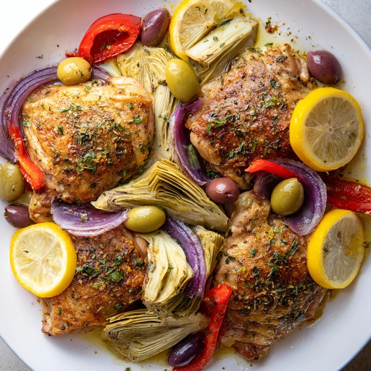 Juicy Sheet Pan Lemon Herb Chicken with Artichokes and Olives is roasted with lemon slices and green olives.  