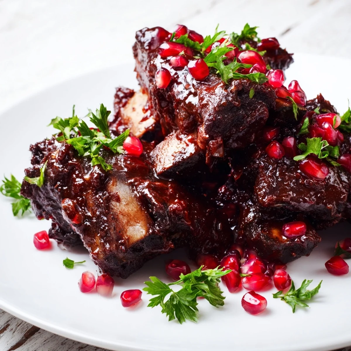A close-up of tender, fall-off-the-bone Braised Beef Short Ribs with Pomegranate Glaze drizzled in a rich, jewel-toned sauce.