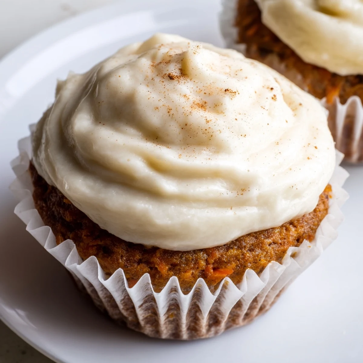 Moist carrot cake cupcakes with cream cheese frosting, topped with toasted walnuts and a swirl of rich frosting, served on a white plate.
