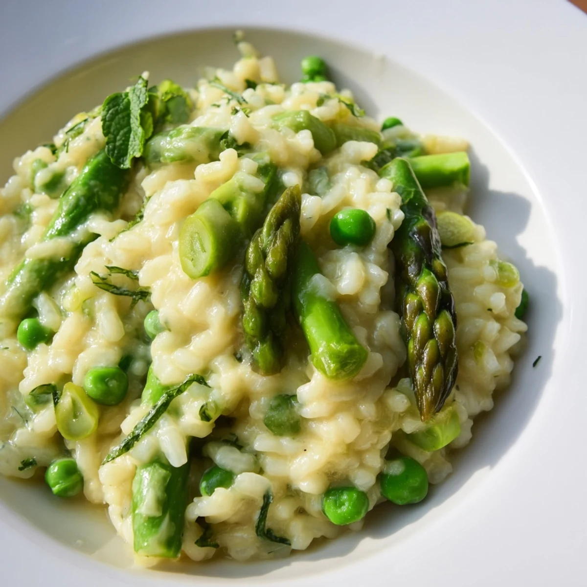 Creamy Asparagus and Pea Risotto with Mint reveals its vibrant green color, topped with shaved Parmesan and fresh herbs, served warmly in a white bowl. 