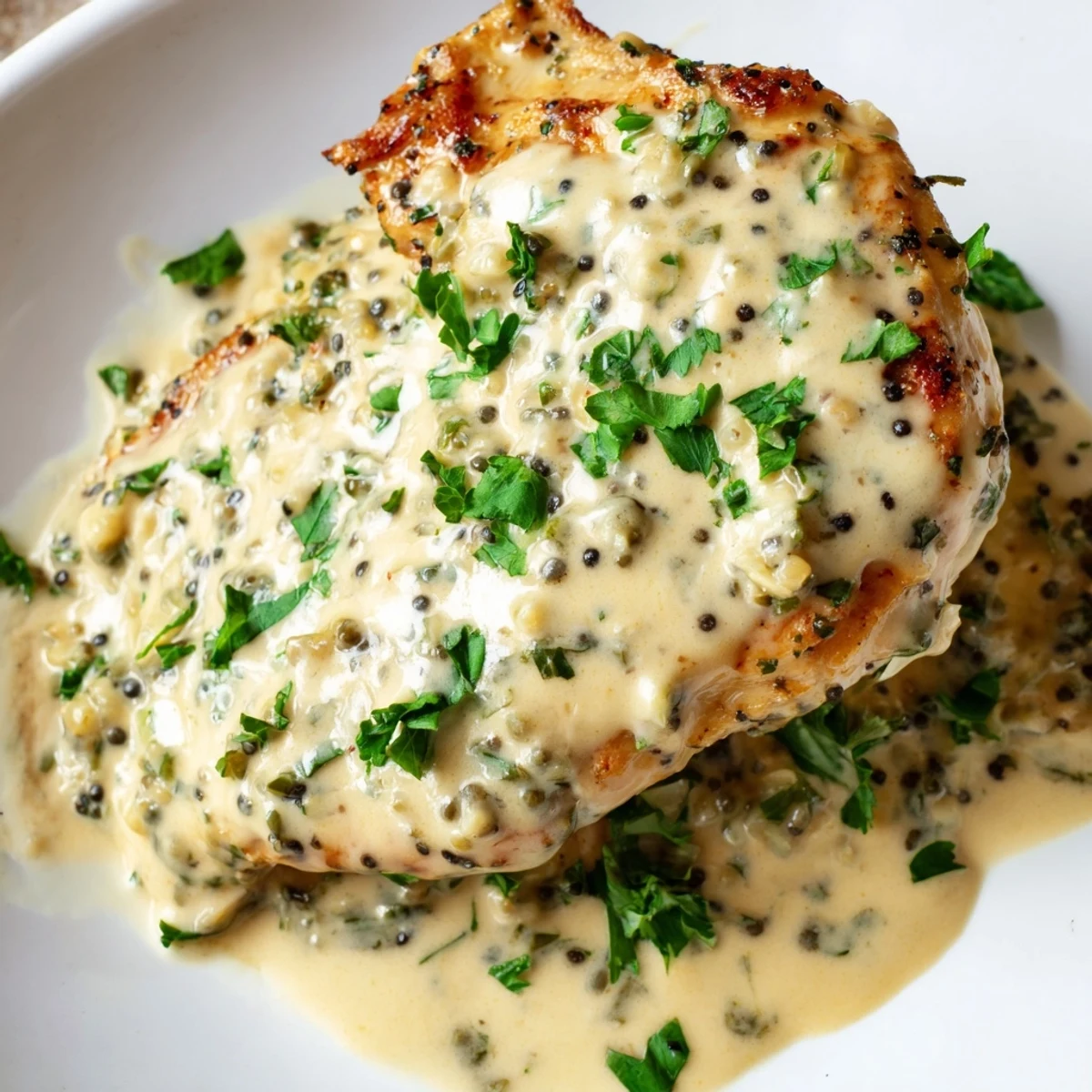 Creamy Boursin Chicken served with fresh parsley garnish and a rich, garlicky sauce over golden seared chicken breasts.