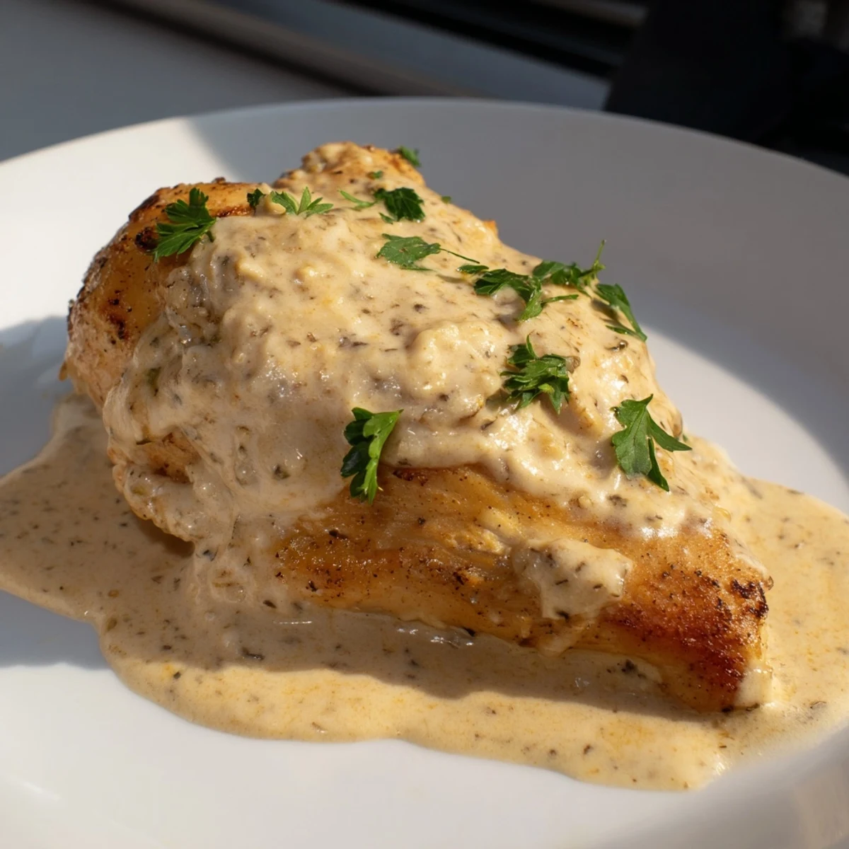 Golden brown Creamy Boursin Chicken plated with mashed potatoes and green beans, perfect for an easy weeknight dinner.