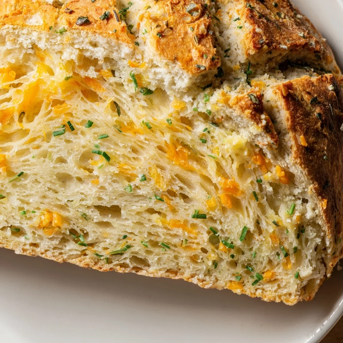 A warm Savory Herbed Cheddar Irish Soda bread loaf rests on a wooden board, ready to be served with salted butter.