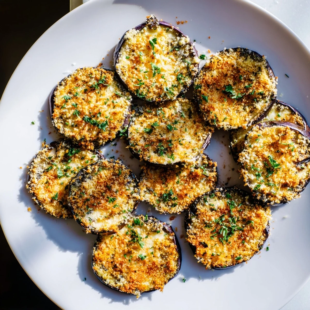 Roasted eggplant rounds with melted Parmesan cheese and fresh parsley garnish, arranged next to lemon wedges for a bright Mediterranean snack.