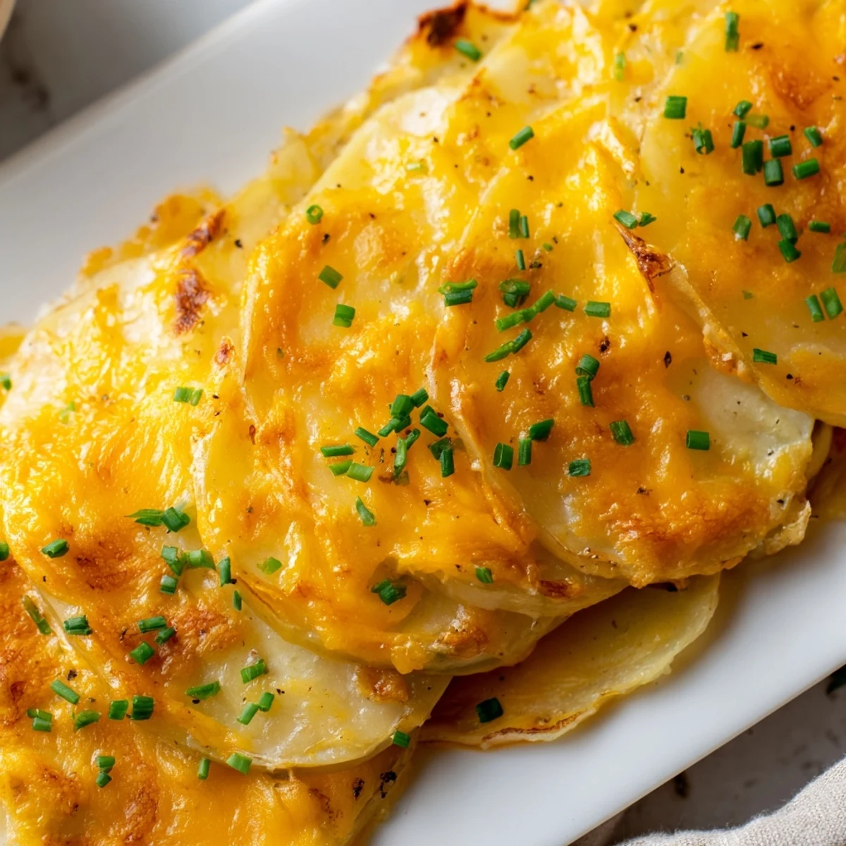A close-up of Cheesy Sweet Potato Gratin with Caramelized Onions Delight shows melted Gruyère and cheddar cheese topping.