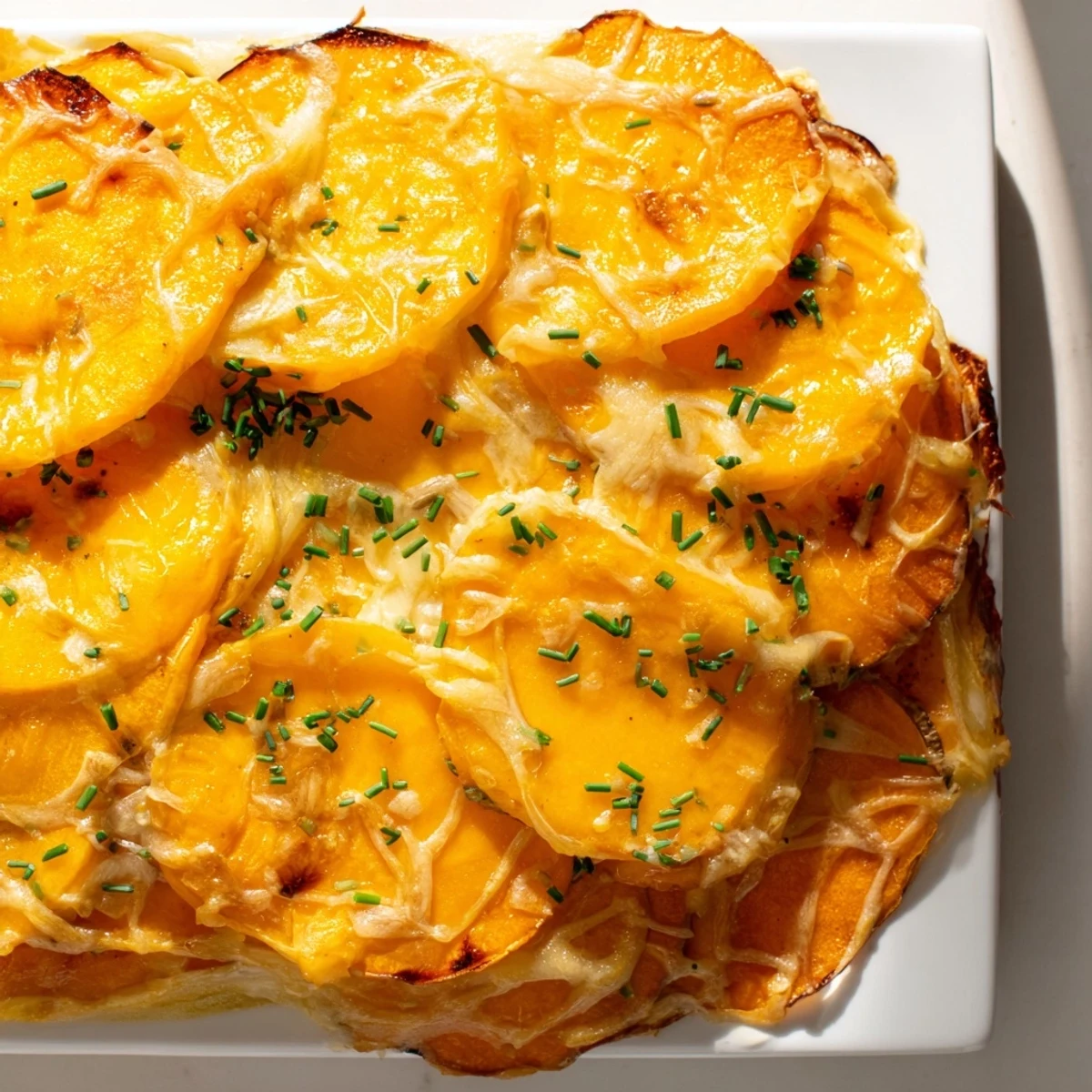 The rich, creamy Cheesy Sweet Potato Gratin with Caramelized Onions Delight is served in a white ceramic dish.