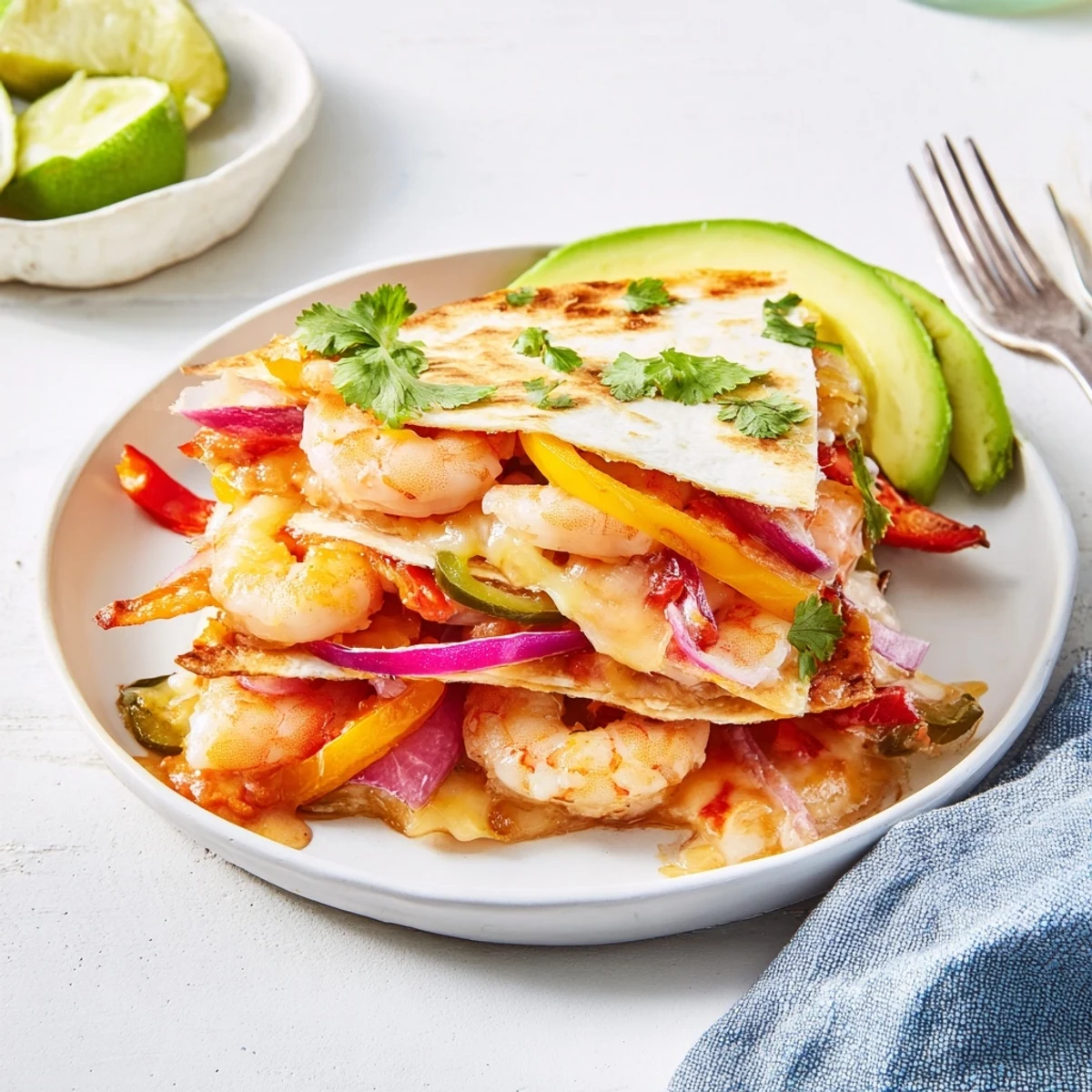 Golden-baked Shrimp Fajita Sheet Pan Quesadillas are filled with spicy peppers, shrimp, and melted cheese on a wooden board.