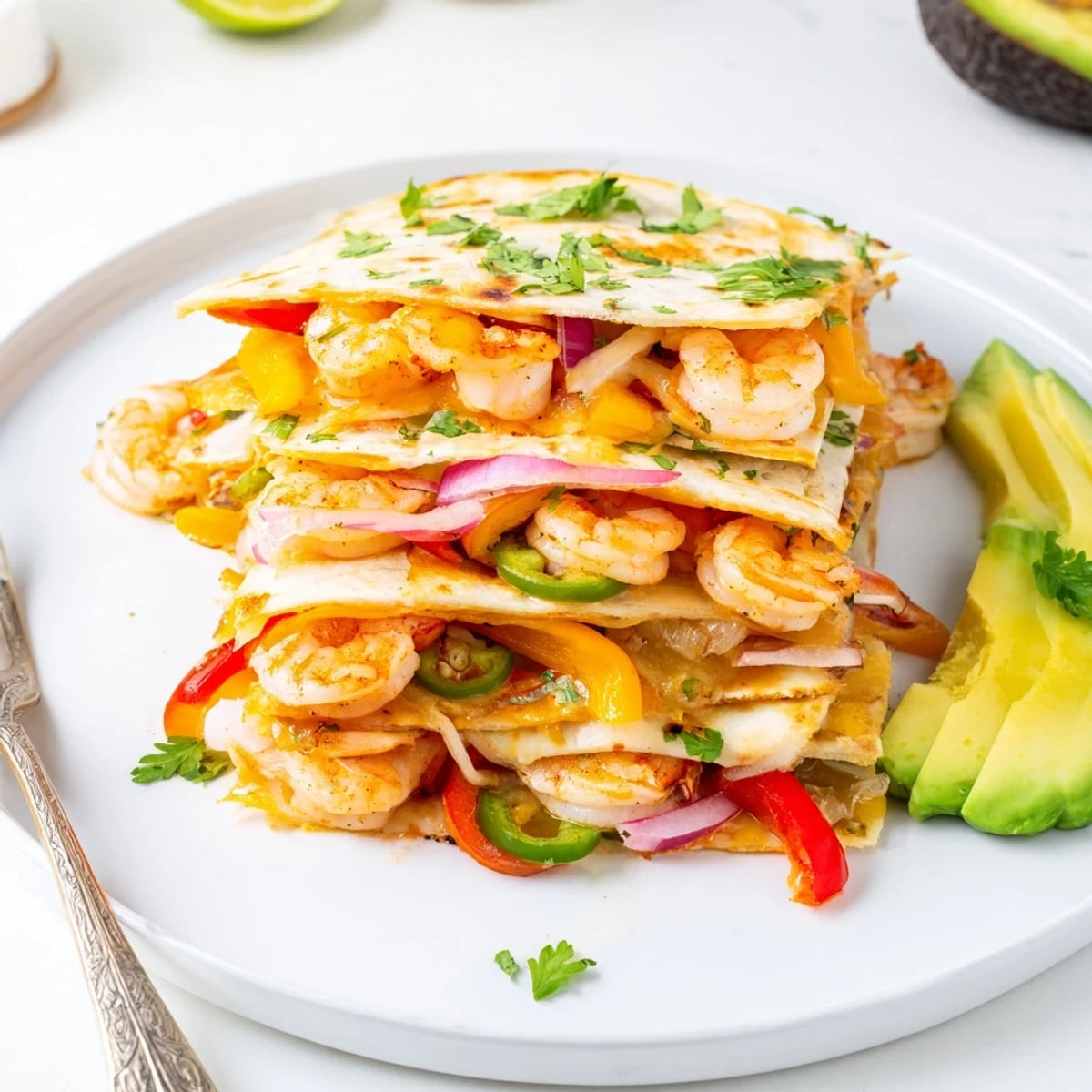 Close-up of Shrimp Fajita Sheet Pan Quesadillas showing crispy tortilla edges and a savory filling of shrimp and veggies.