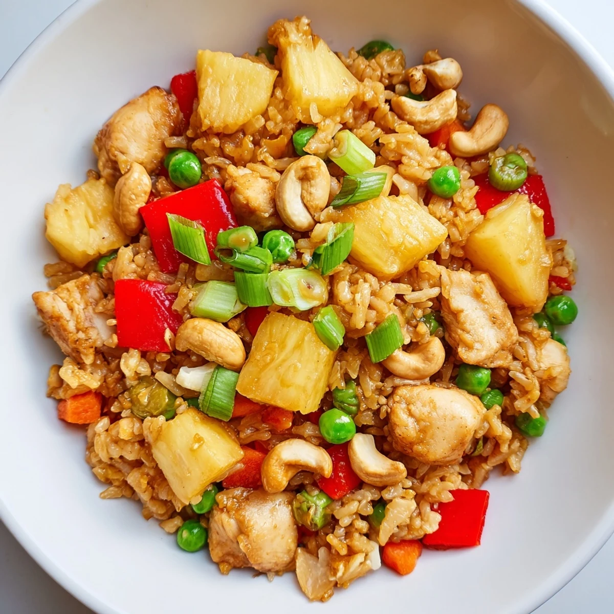 Colorful Thai-inspired Pineapple Chicken Fried Rice with Cashews mixes juicy pineapple, savory sauces, and roasted cashews for a tropical main dish.