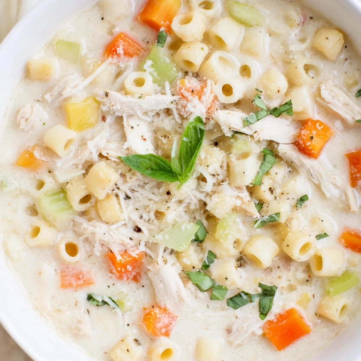 Hearty Crock Pot Creamy Chicken Parmesan Soup with tender chicken, vegetables, and Italian herbs, perfect for a cozy dinner.