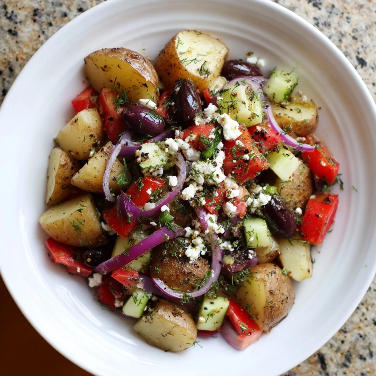 Chunked tender potatoes tossed with crisp cucumber, briny Kalamata olives, and crumbled feta in this Refreshing Olive Greek Potato Salad.