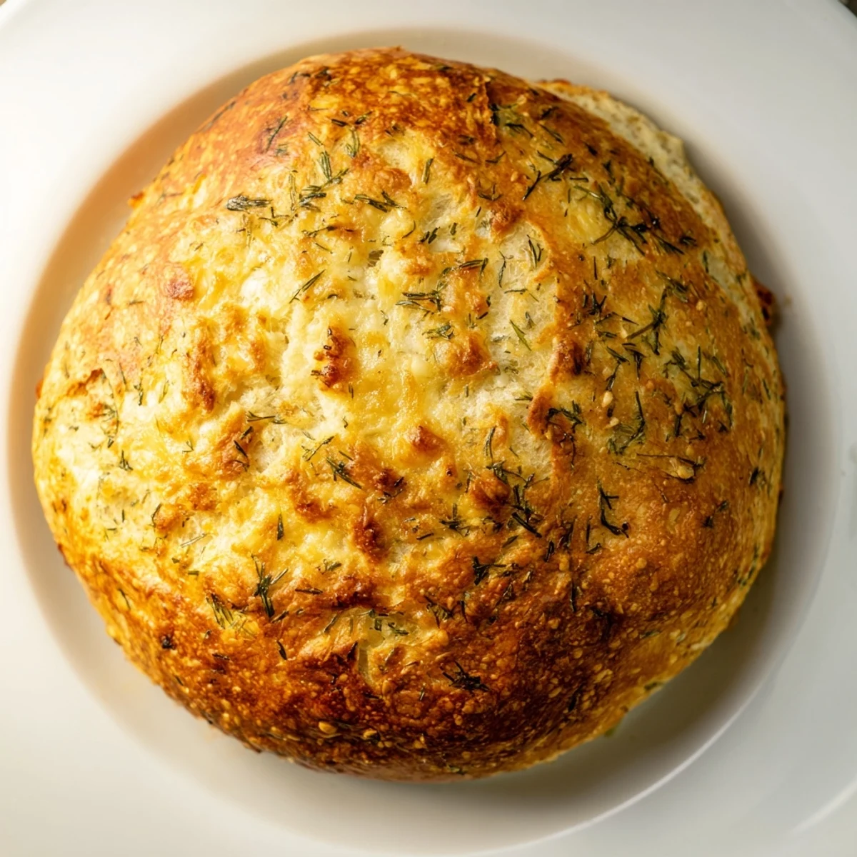 Freshly baked No-Knead Dill Gouda Artisan Bread surrounded by soup and salad, showcasing the moist interior and savory aroma.