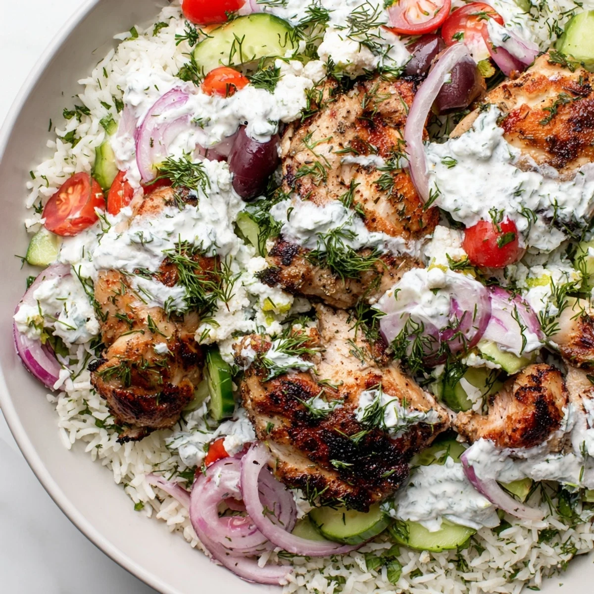 Golden grilled Greek Chicken Bowls topped with juicy tomatoes, cucumbers, and creamy tzatziki sauce on herbed rice.