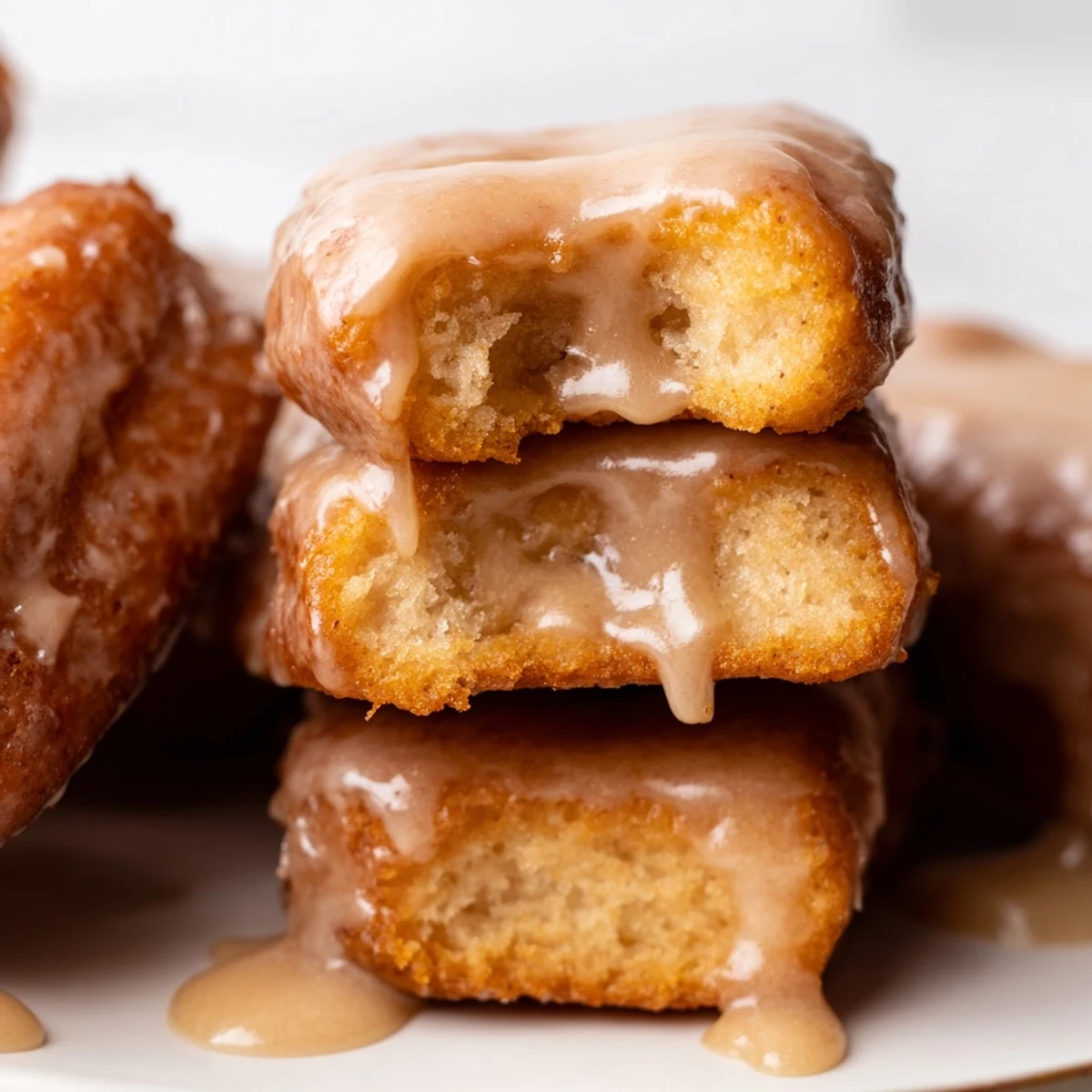 Golden-brown Maple Donut Bars cooling on a wire rack, drizzled with thick, glossy maple glaze for a sweet breakfast treat.