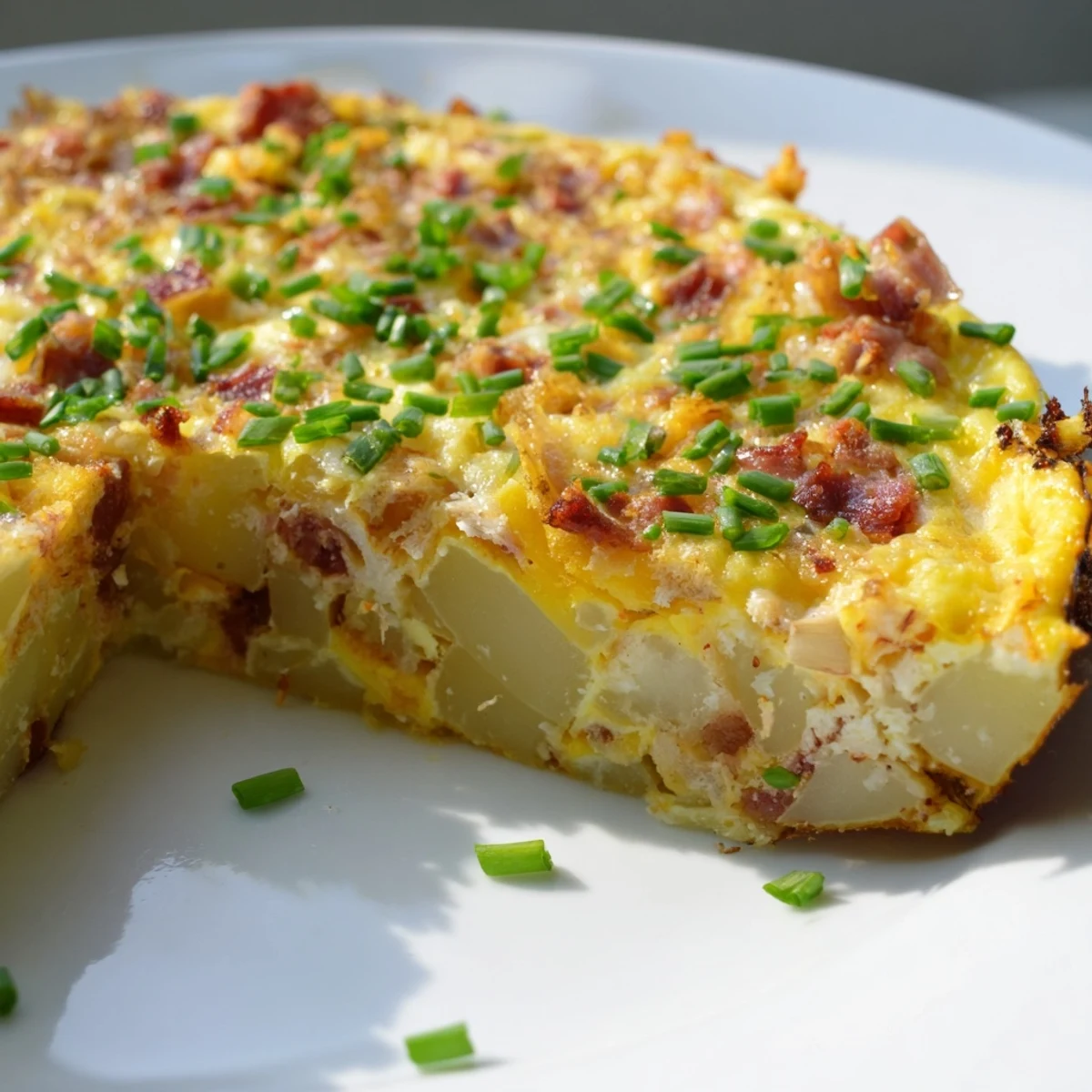 A close-up of a golden Bacon Potato Frittata in a cast iron skillet, topped with fresh chives.
