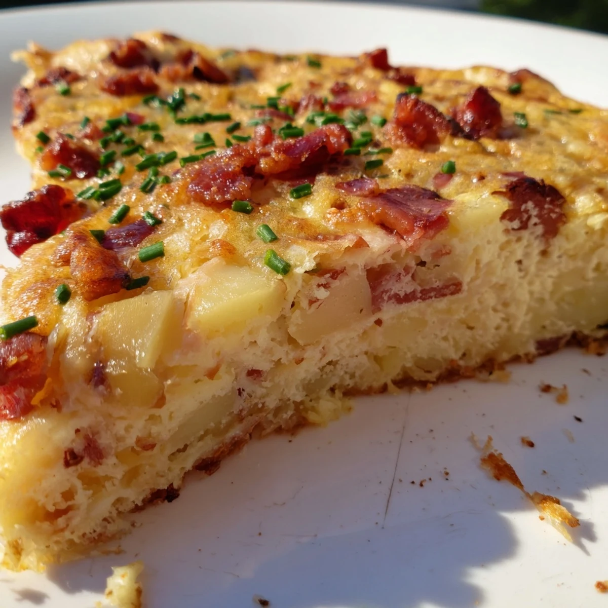 Slices of the hearty Bacon Potato Frittata show layers of crispy bacon, tender potatoes, and melted cheese.