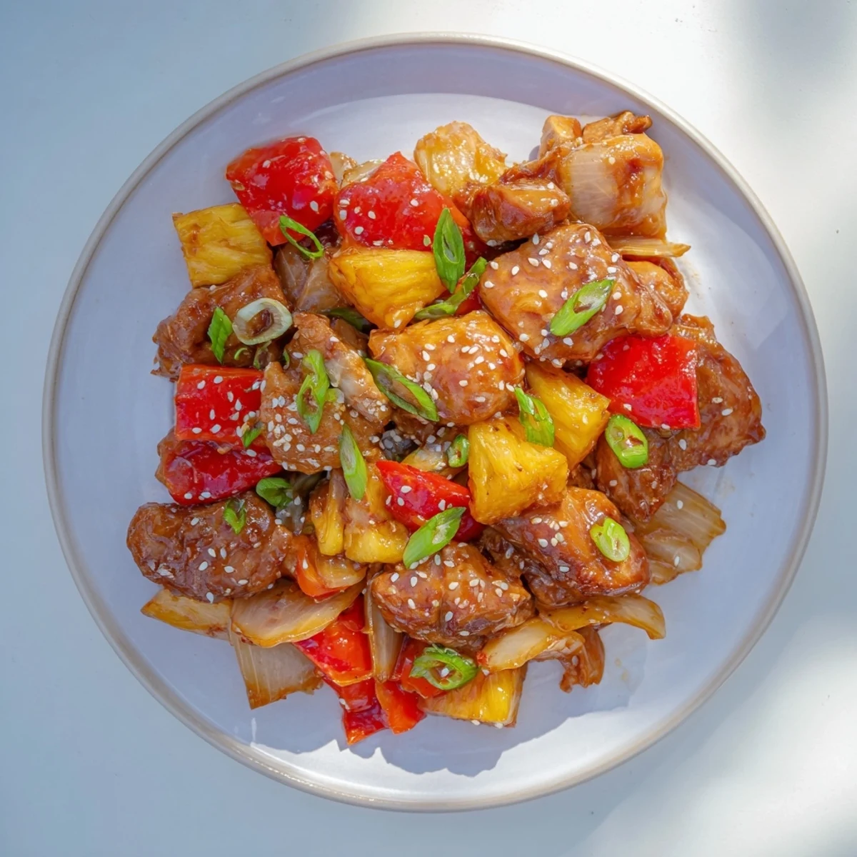 A serving of Sweet Hawaiian Crockpot Chicken plated over fluffy white rice, garnished with sesame seeds.