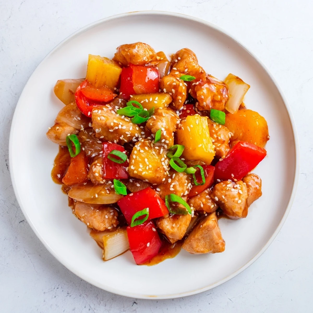 Close-up view of juicy Sweet Hawaiian Crockpot Chicken with pineapple chunks and red bell peppers.