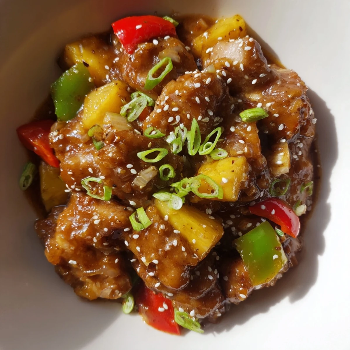 Slow Cooker Hawaiian Pineapple Chicken simmering in a ceramic insert with tender chicken thighs, red bell pepper chunks, and pineapple rings in a glossy sweet-savory sauce.