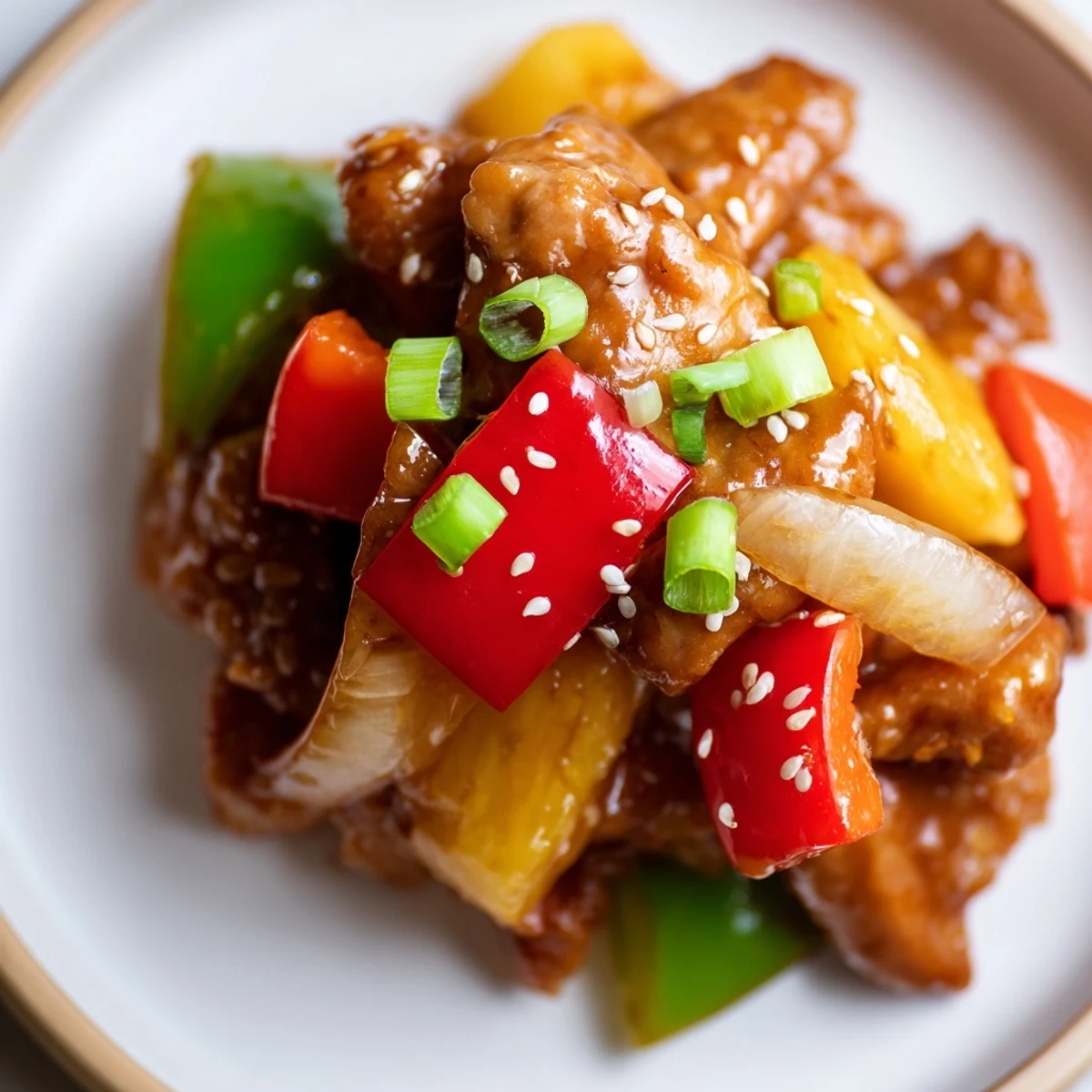 Overhead view of Slow Cooker Hawaiian Pineapple Chicken in a slow cooker stoneware, saucy chicken pieces mingling with vibrant peppers and pineapple, ready for weeknight dinner.
