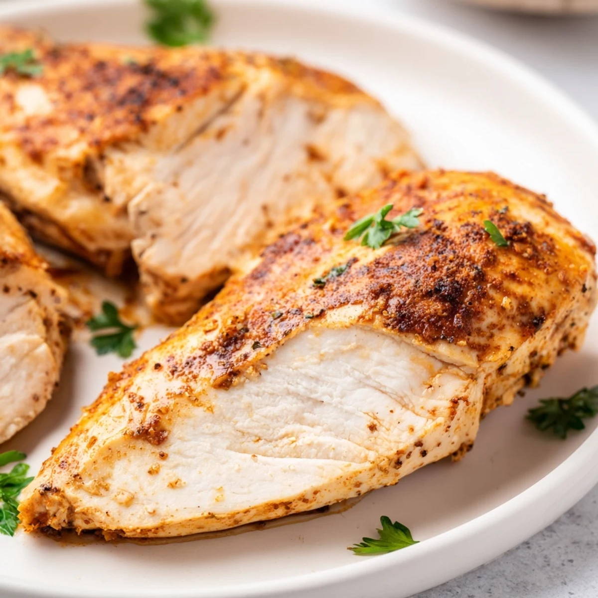 Golden-brown Oven Baked Chicken Breasts rest on a white platter, garnished with fresh parsley and bright lemon wedges.