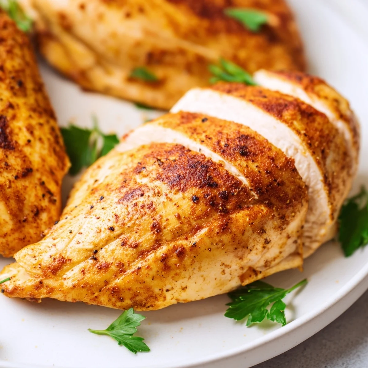 Juicy Oven Baked Chicken Breasts sliced and served alongside roasted vegetables on a rustic wooden dinner table.
