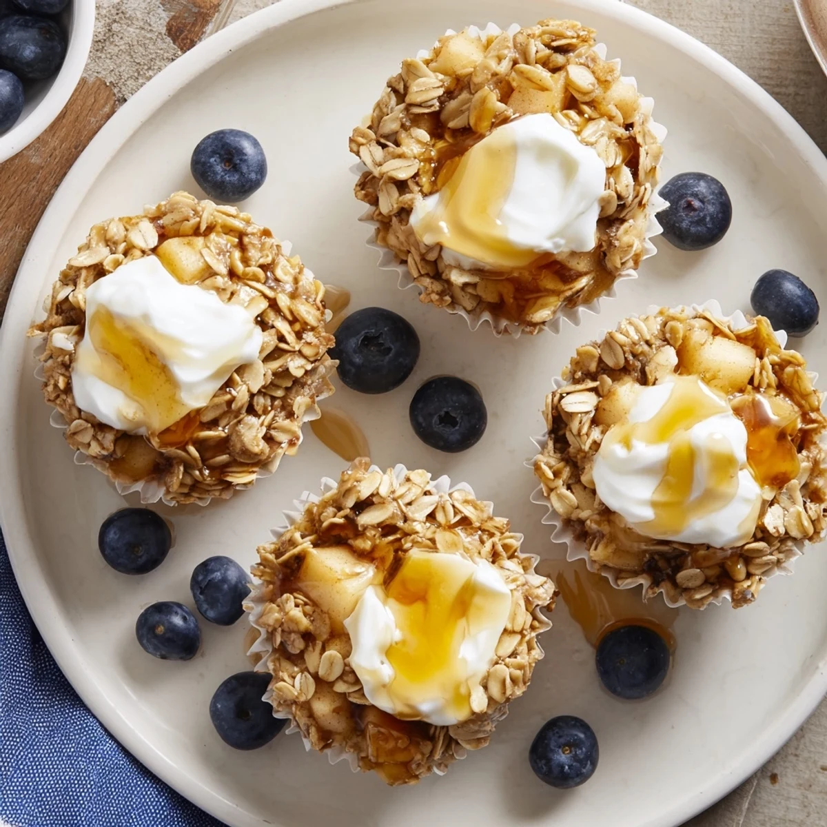 A close-up photo of baked oatmeal cups topped with a dollop of creamy Greek yogurt and fresh blueberries.