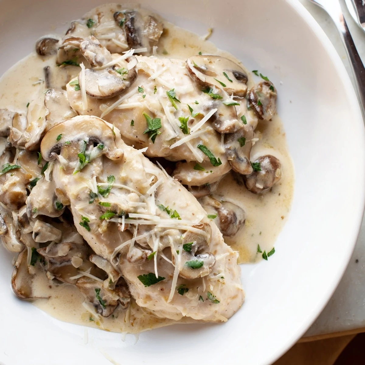 Golden-brown seared chicken breasts bathed in creamy Mushroom Asiago Chicken sauce with fresh parsley garnish