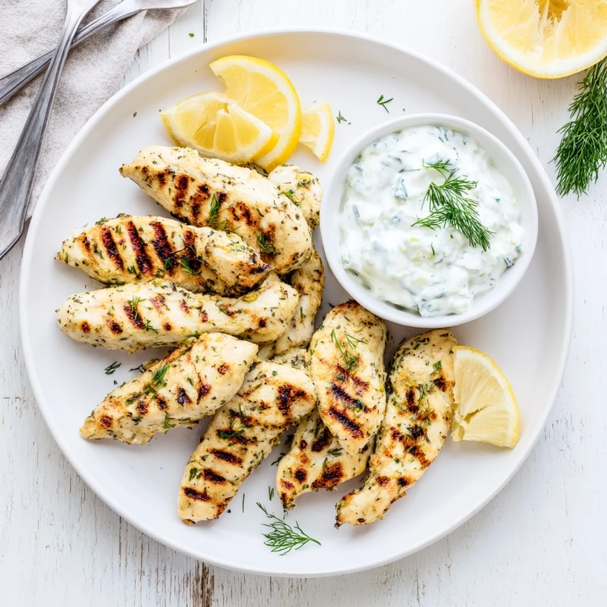 Close-up of Delicious Greek Chicken Tenders with herbs and spices, ready to be dipped in yogurt sauce.