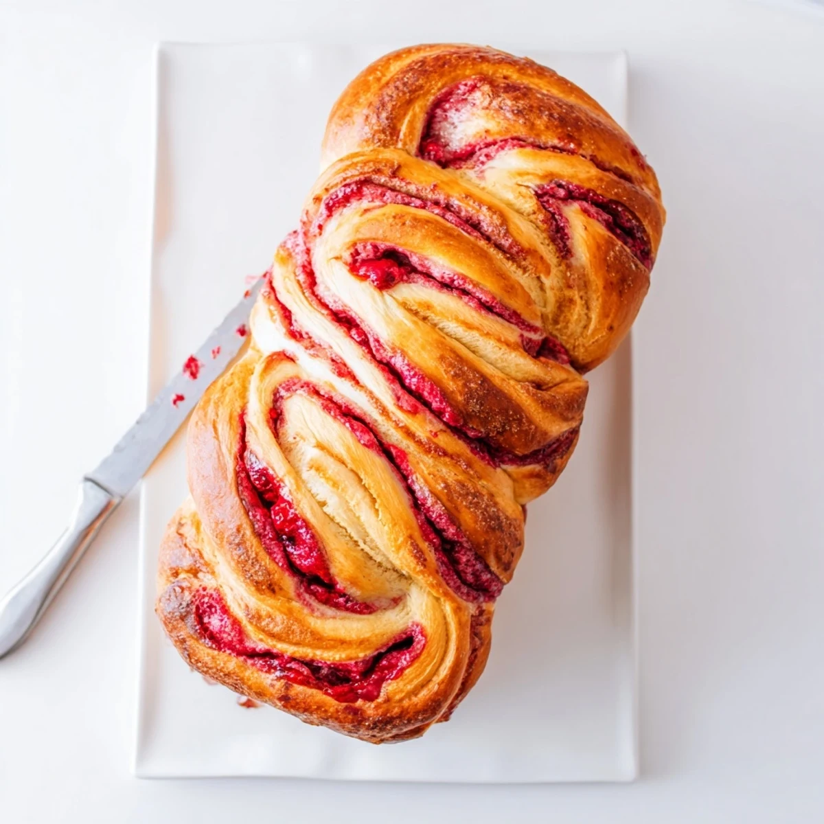 Fresh raspberries and Raspberry Swirl Brioche Loaf served on a plate, ready for a delicious breakfast.