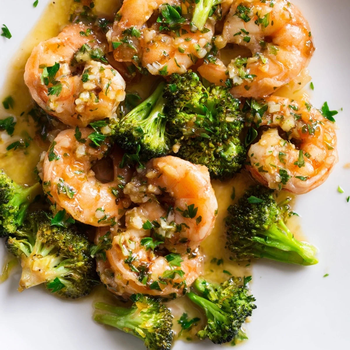Garnished with parsley and lemon wedges, this Honey Garlic Butter Shrimp & Broccoli looks delicious over rice.