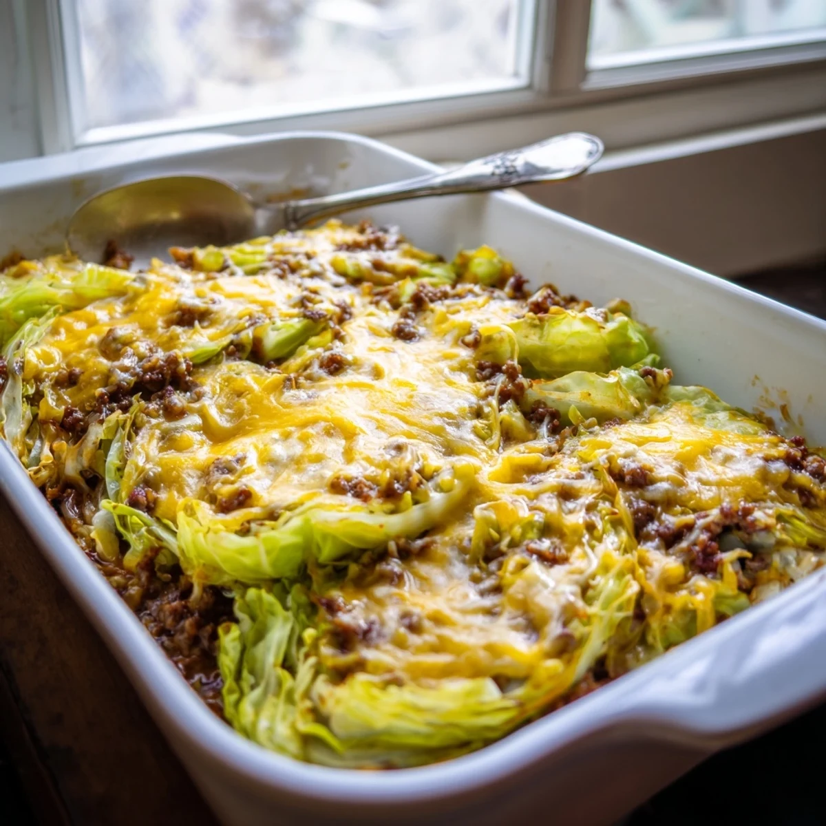A close-up of Easy Crispy Cabbage Burger Bake garnished with fresh green onions and sesame seeds.