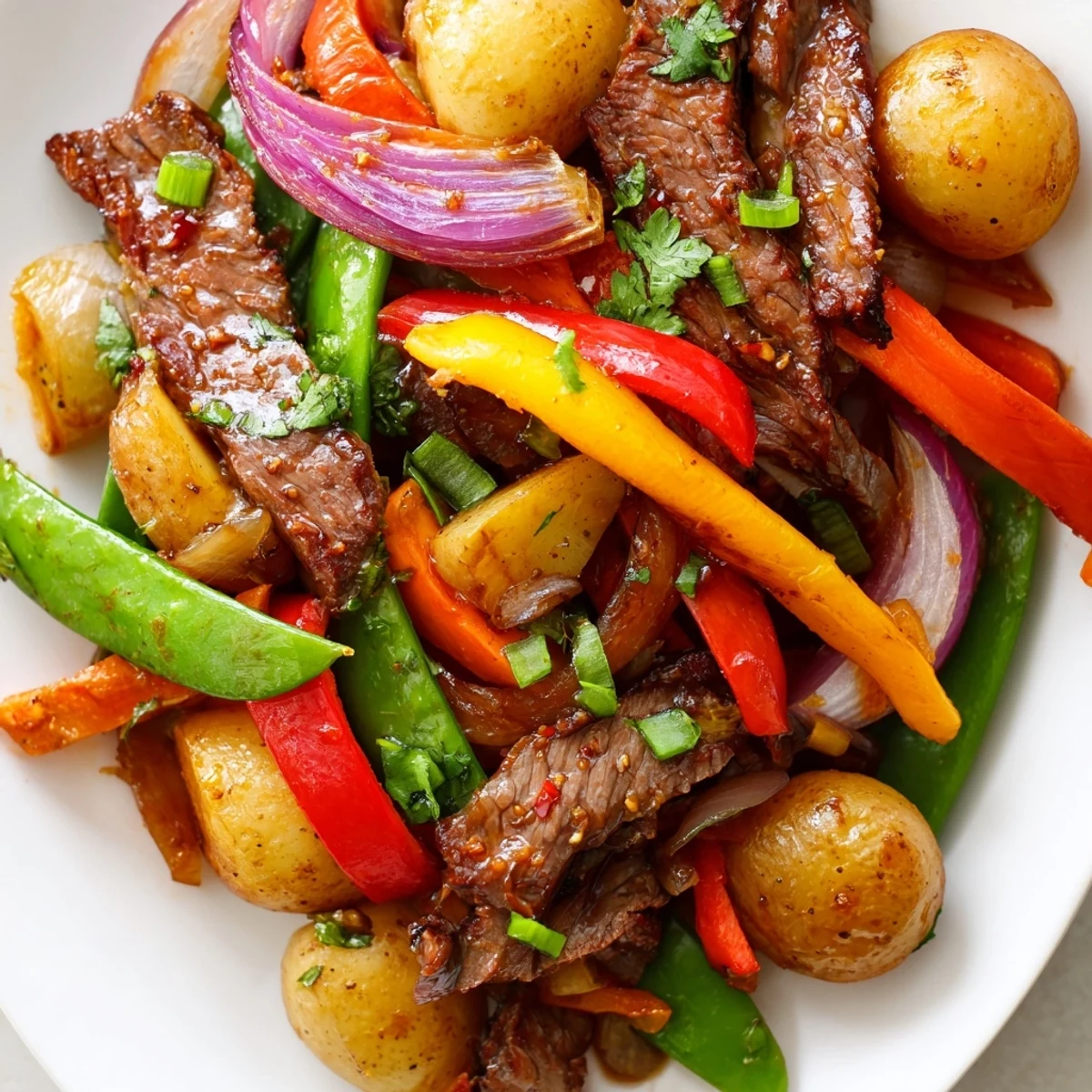 Sizzling Blackstone Cowboy Stir Fry Dinner with tender beef, crisp peppers, and golden potatoes on the griddle.