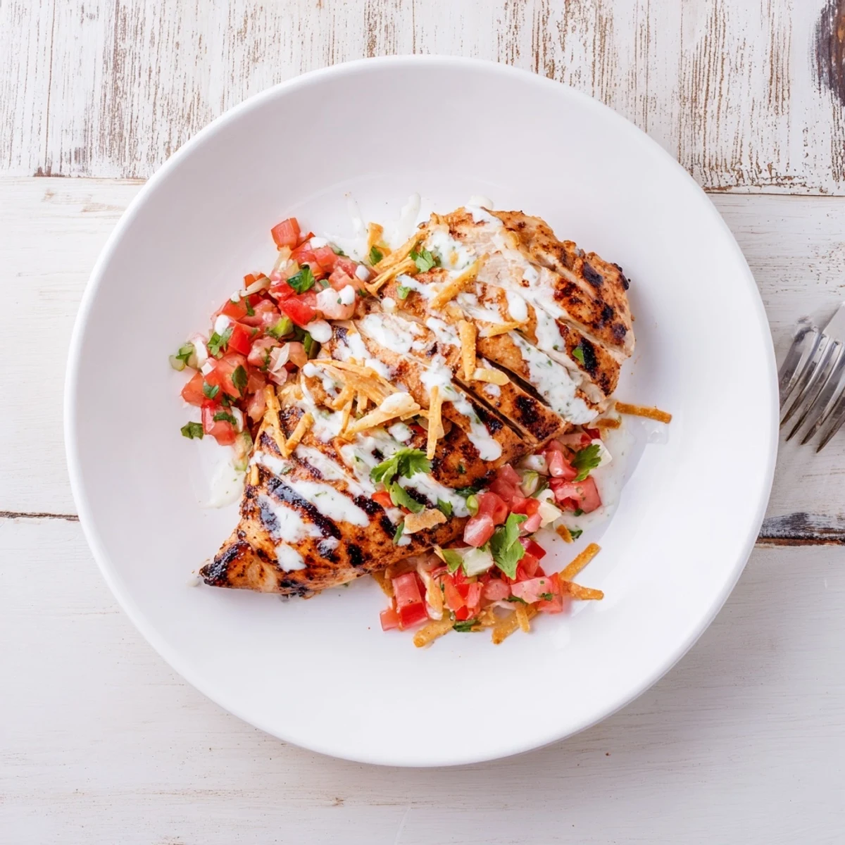 Grilled Fiesta Lime Chicken breasts with melted cheese, tortilla strips, and fresh pico de gallo on a plate.