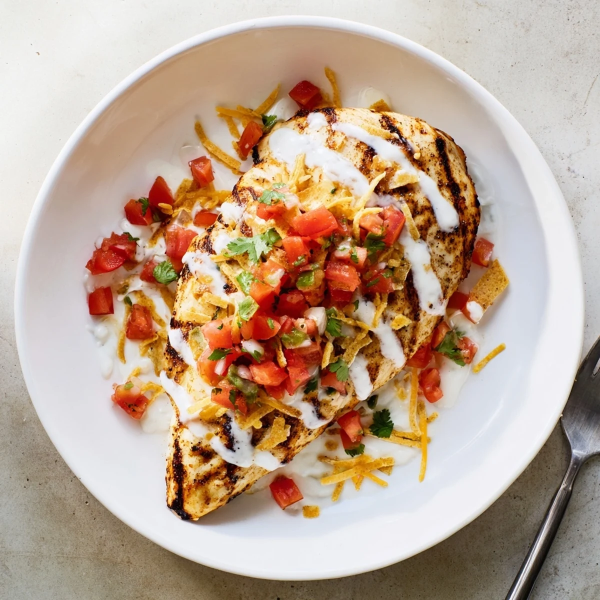 A platter of Fiesta Lime Chicken garnished with pico de gallo and crunchy tortilla strips served warm.
