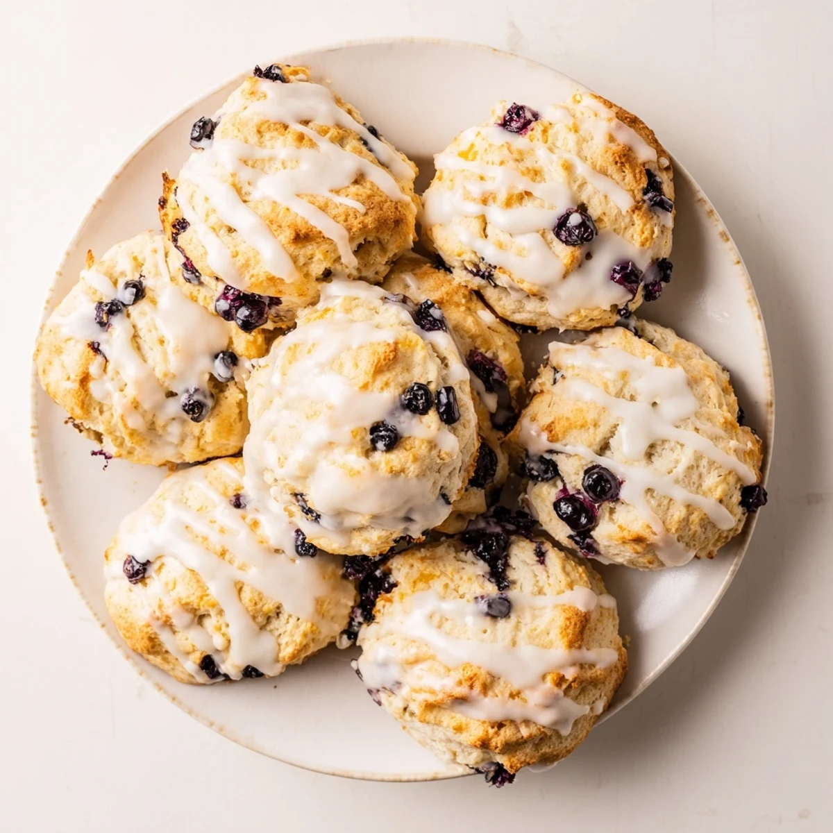Freshly baked Nakishas Blueberry Biscuits with a sweet glaze drizzle on a rustic wooden board.