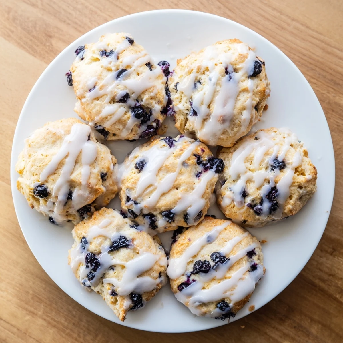 Moist Nakishas Blueberry Biscuits topped with white glaze, perfect for a weekend brunch treat.