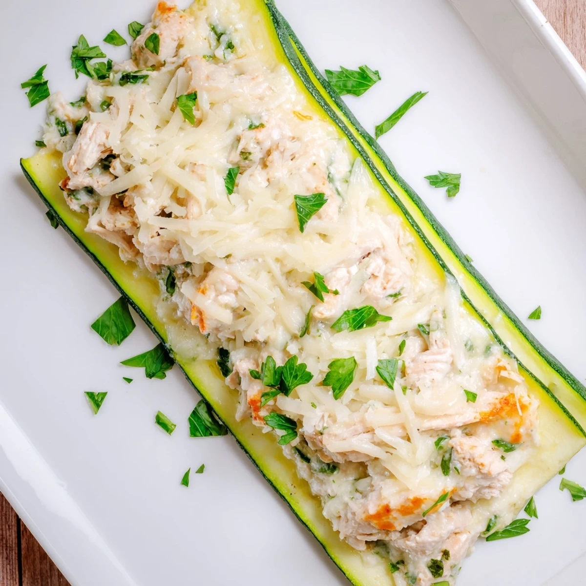 Sliced baked Chicken Alfredo Zucchini Lasagna with melted mozzarella and fresh parsley garnish.  