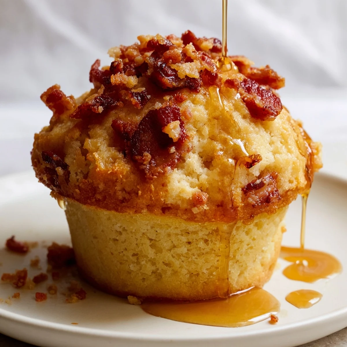 Stacked Maple Bacon Pancake Muffins on a white plate with a cup of coffee, ideal for a hearty American brunch.