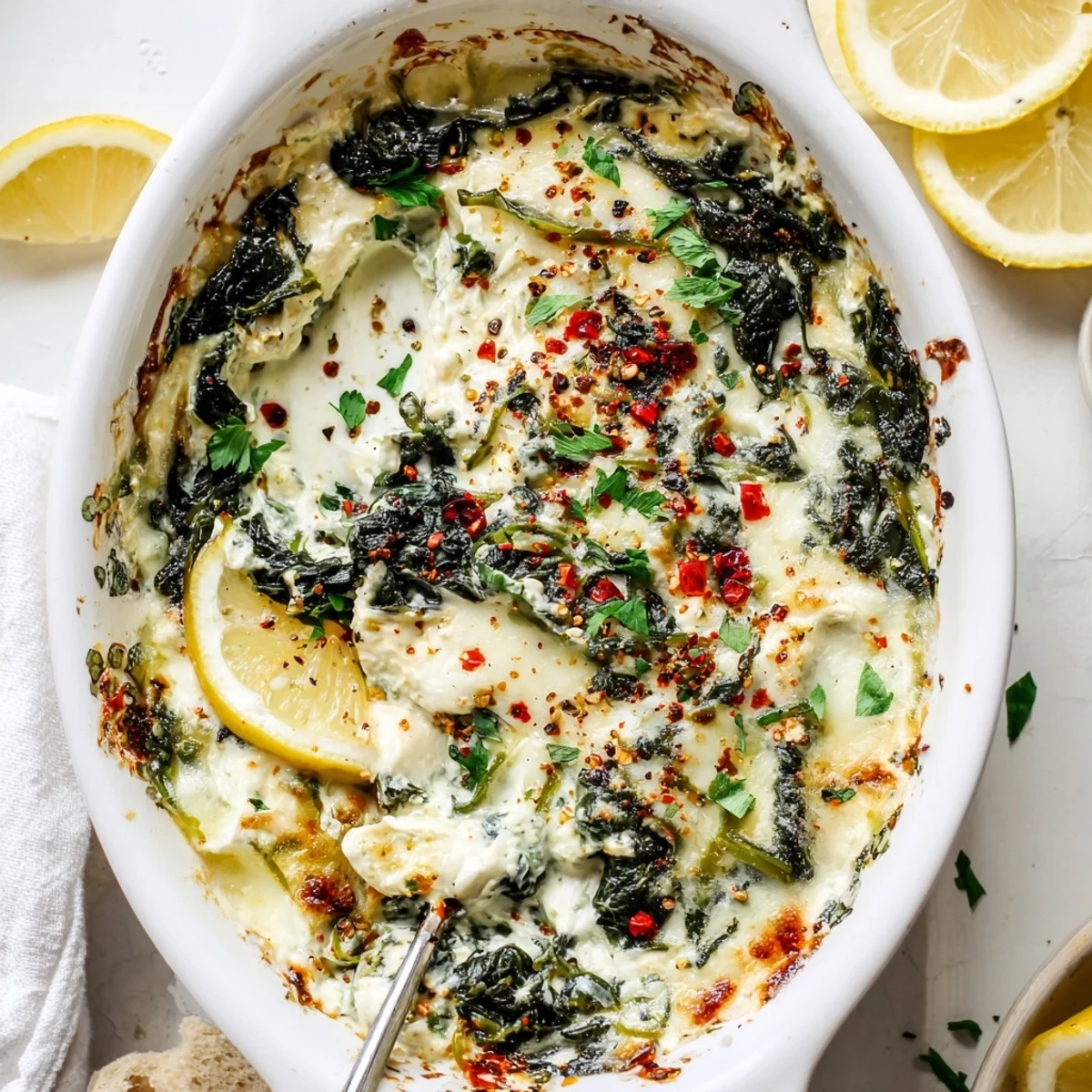 Creamy Spinach and Pepperoncini Baked Feta Dip topped with fresh herbs, served with crunchy vegetables for dipping.