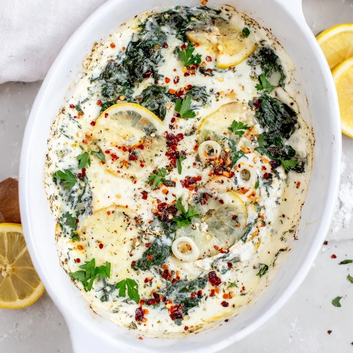 A spoon serving a cheesy portion of Spinach and Pepperoncini Baked Feta Dip, revealing wilted greens and peppers.