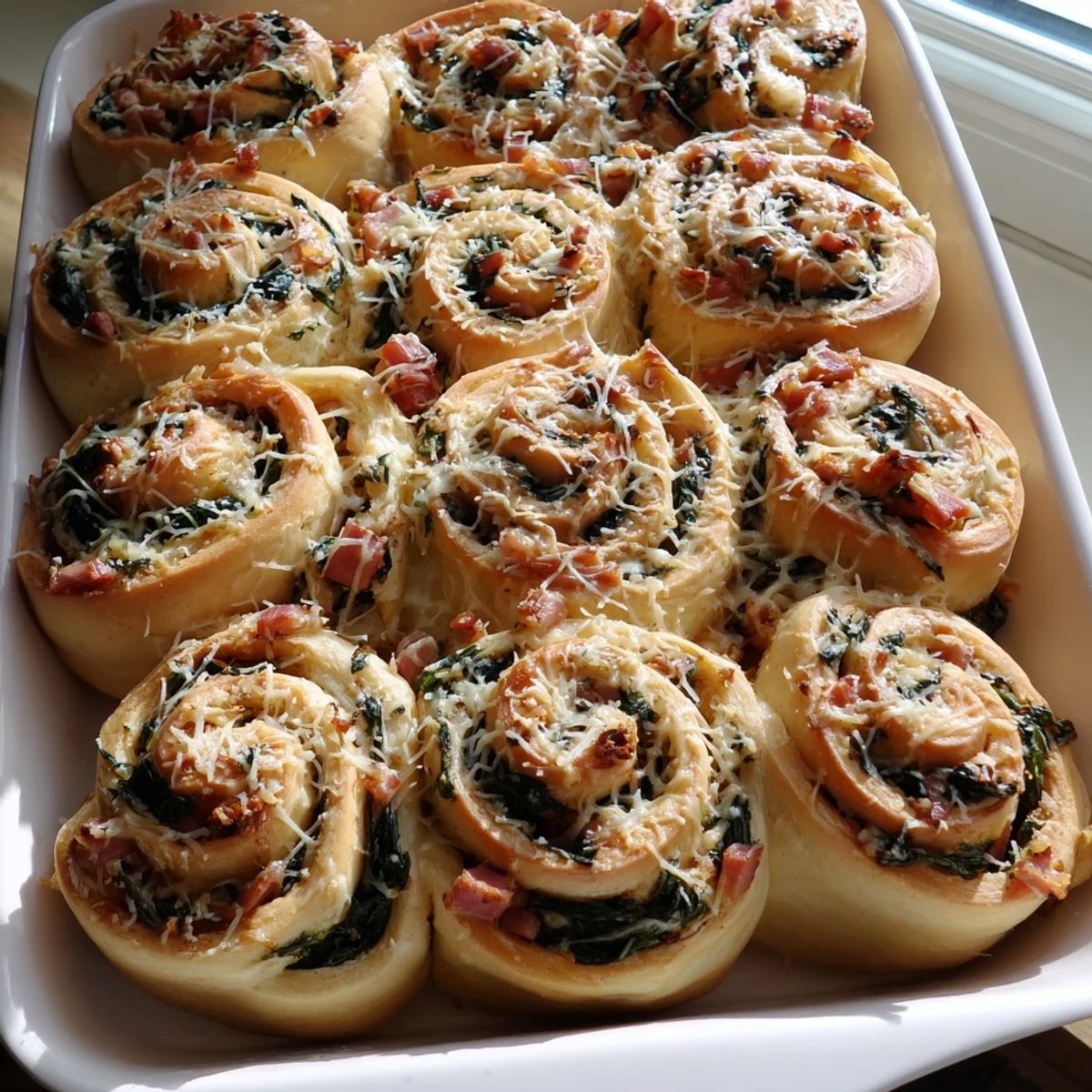 Sliced open Savory Spinach and Ham Breakfast Rolls revealing layers of fluffy dough, green spinach, and diced ham filling.