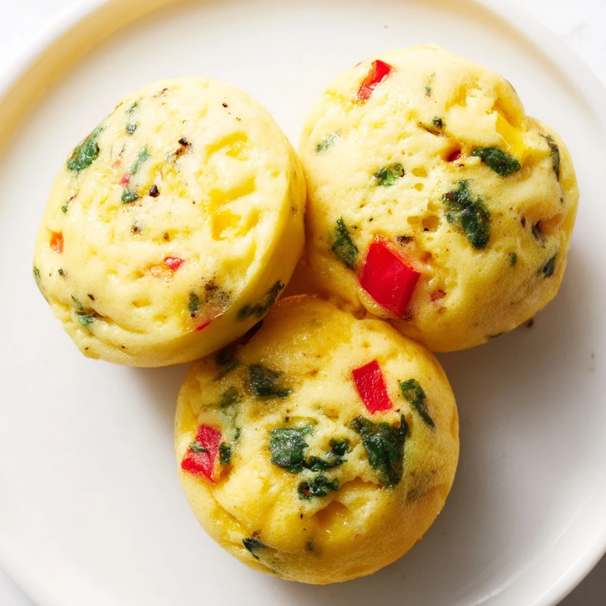 Golden-brown Muffin Tin Cottage Cheese Egg Bites studded with spinach and red bell peppers, fresh out of the oven.