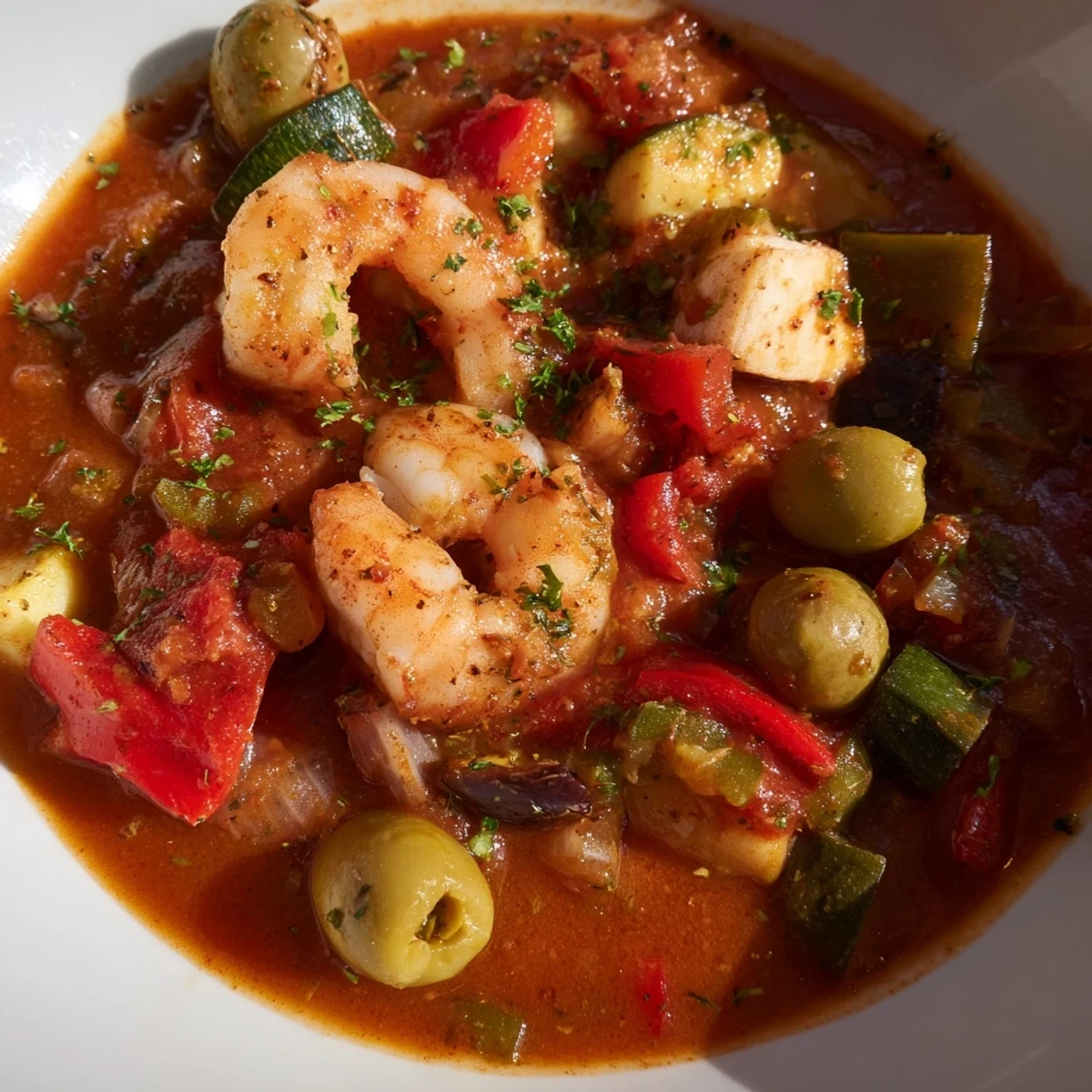 Aromatic Mediterranean Seafood Shrimp Chili simmers with red bell peppers and briny olives.