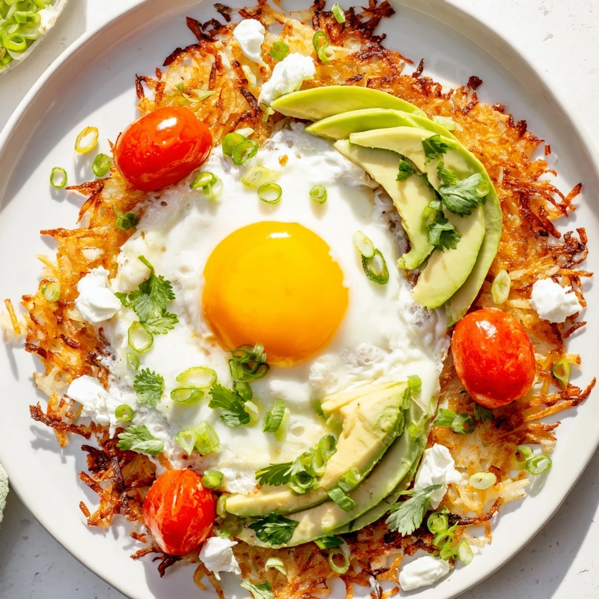 A close-up of Loaded Hash Browns with a sunny-side-up egg, fresh avocado, and a scoop of cottage cheese on a rustic plate.