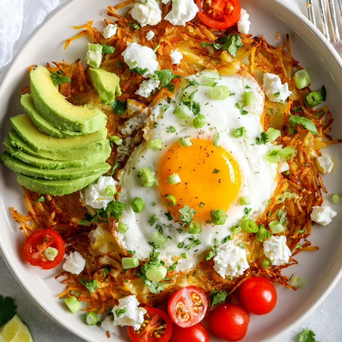 Serving suggestion for Loaded Hash Browns featuring a protein-packed breakfast with crispy potatoes, cottage cheese, and fresh avocado, ready to enjoy.