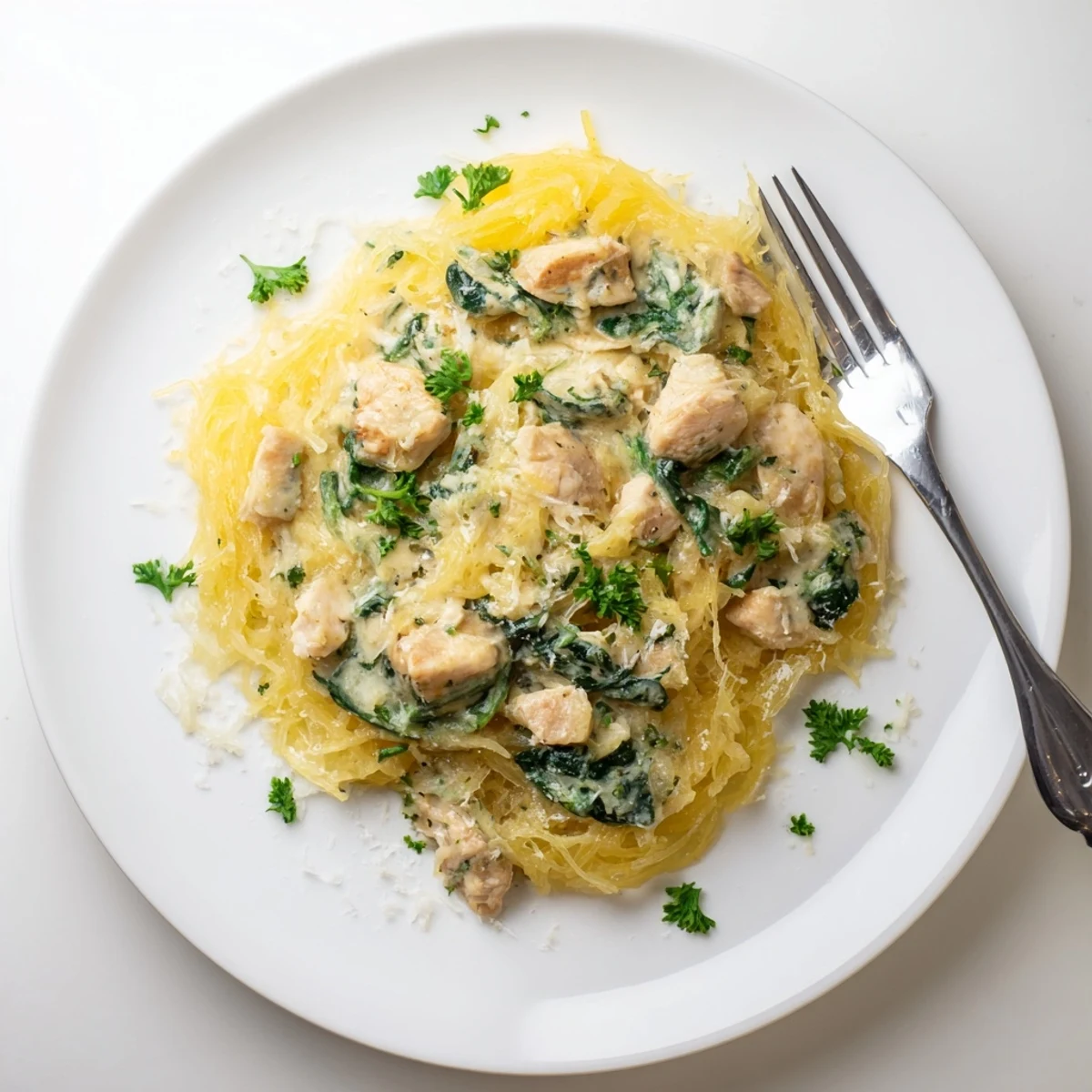 Tender roasted spaghetti squash strands shine in this creamy Chicken and Spinach Spaghetti Squash Alfredo, topped with golden chicken and fresh parsley.