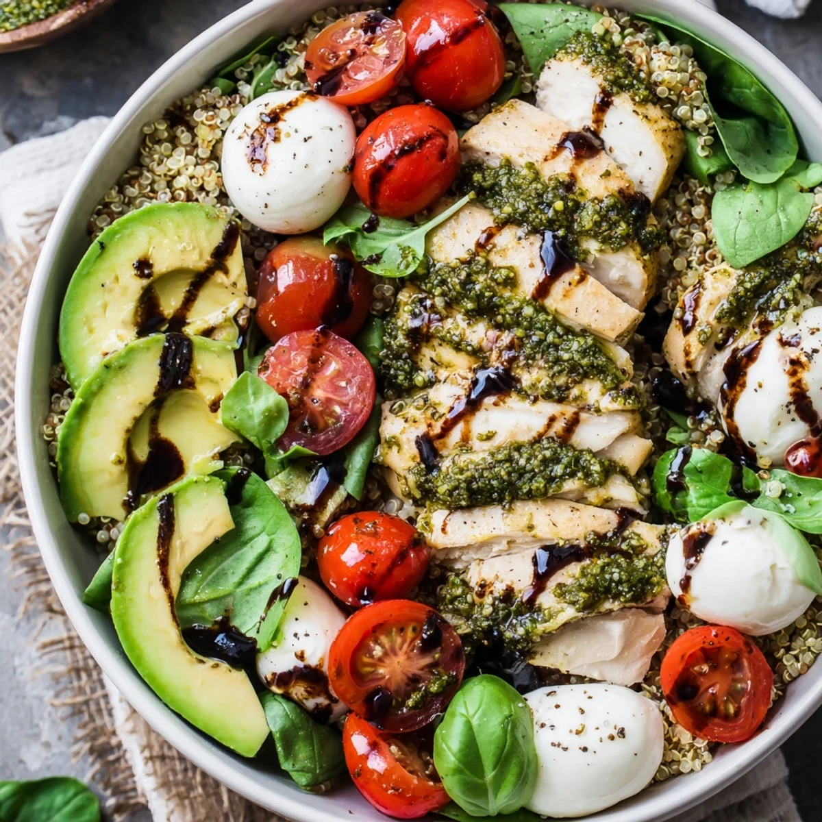 A wholesome Pesto Chicken Caprese Grain Bowl with tender chicken, spinach, tomatoes, mozzarella, and avocado, ready for a satisfying gluten-free dinner.