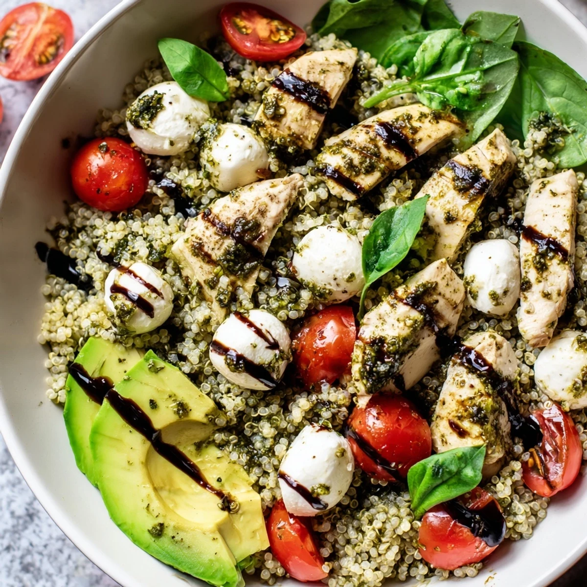 Golden grilled chicken atop a vibrant quinoa bowl with creamy mozzarella, halved cherry tomatoes, fresh basil, and a rich balsamic drizzle.