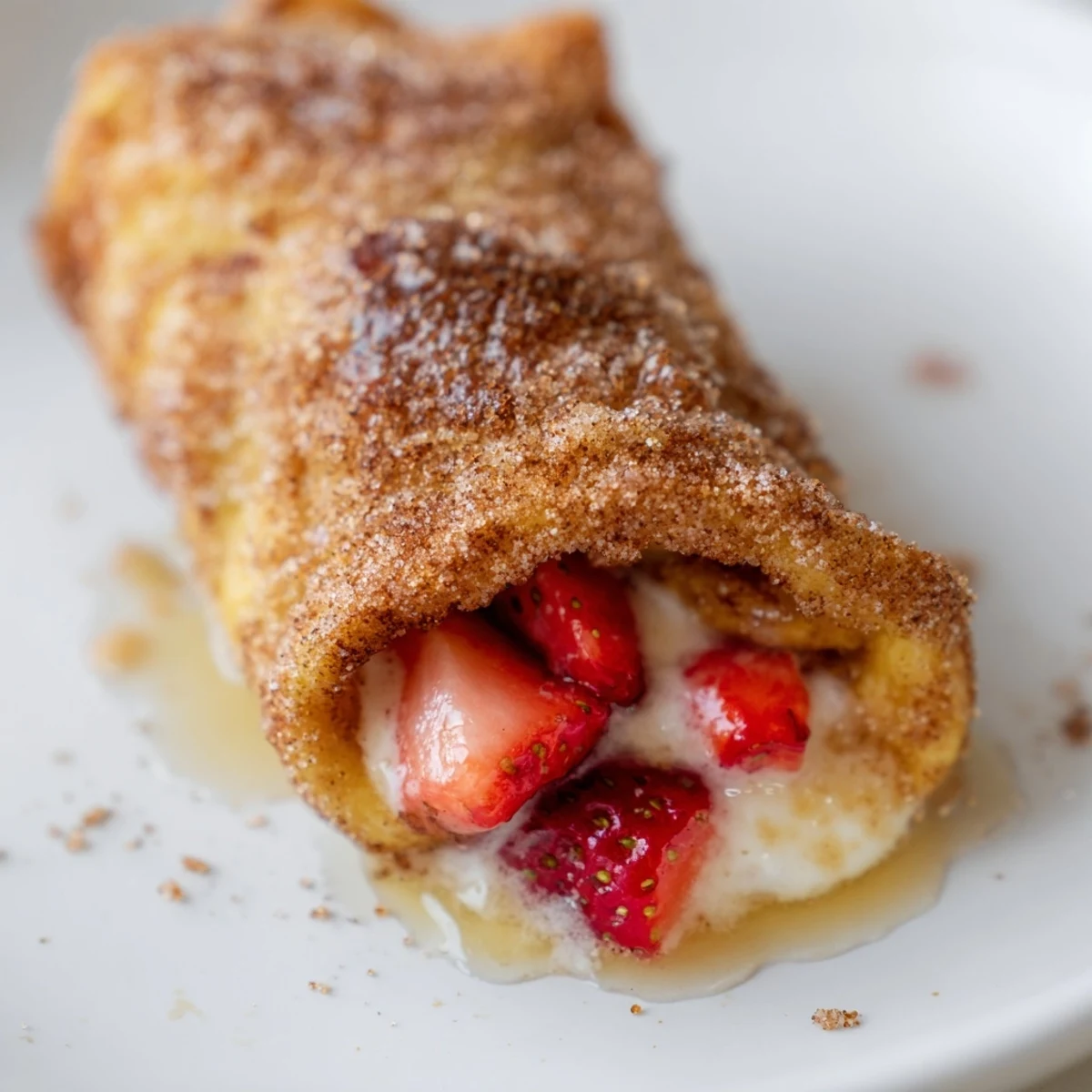 Golden brown Cheesecake Dessert Chimichangas stuffed with creamy cheesecake filling and juicy berries on a white plate.